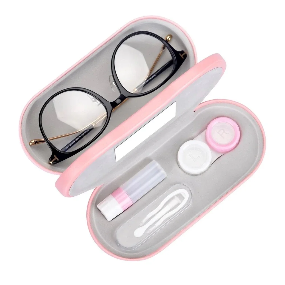 Pink 2-in-1 Dual Eyeglass and Contact Lens Case Travel Kit with Mirror and Tools